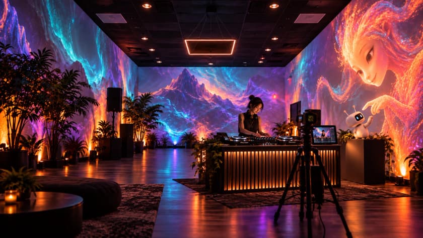Projection-mapped studio with a DJ livestreaming and a robot interacting with a projected character