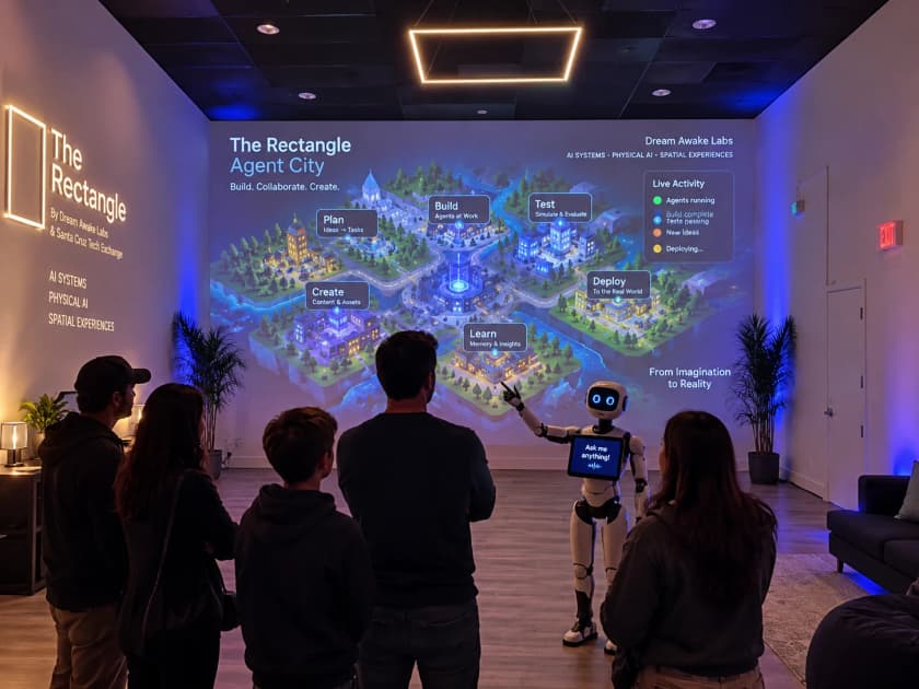 Concept render: visitors in The Rectangle watching a robot guide present the projected Agent City map on the wall